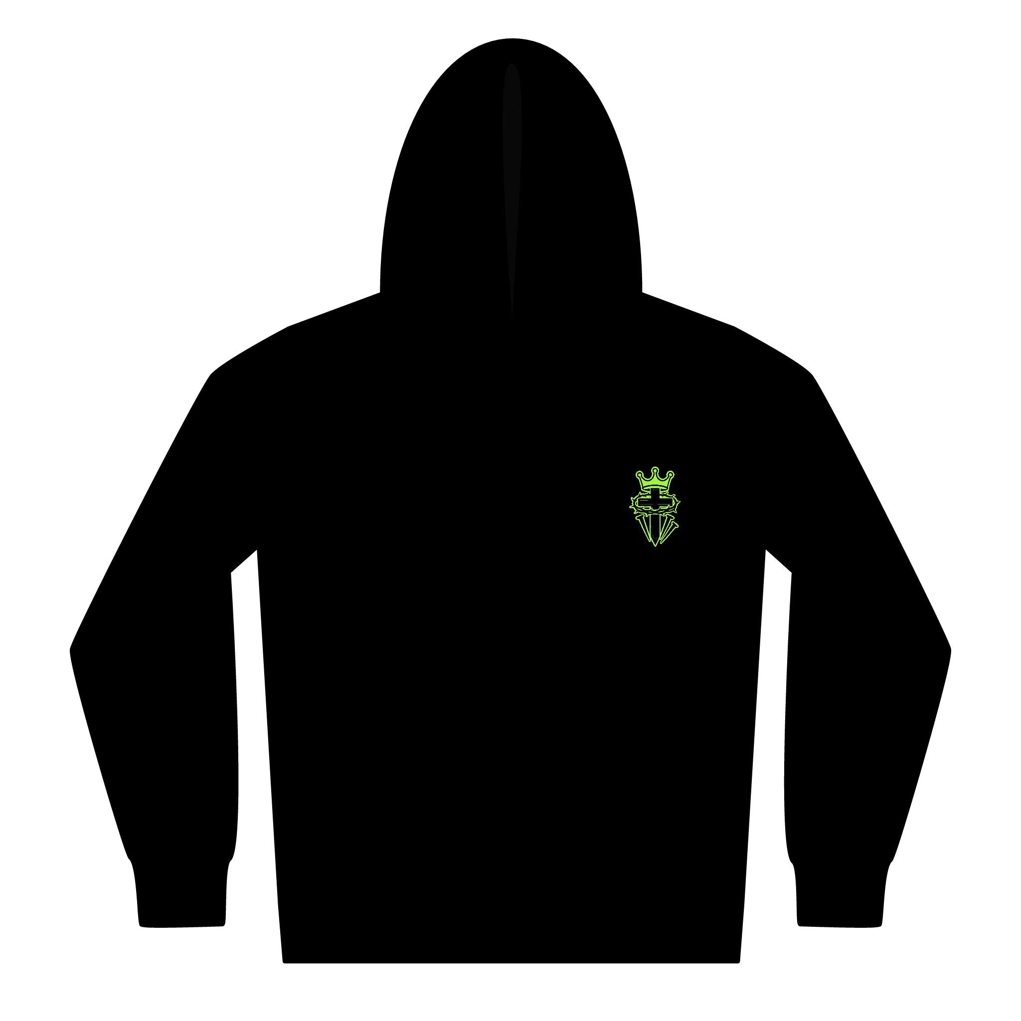 Youth Full Zip Hoodie with Embroidered Neon Green Cross and Crown