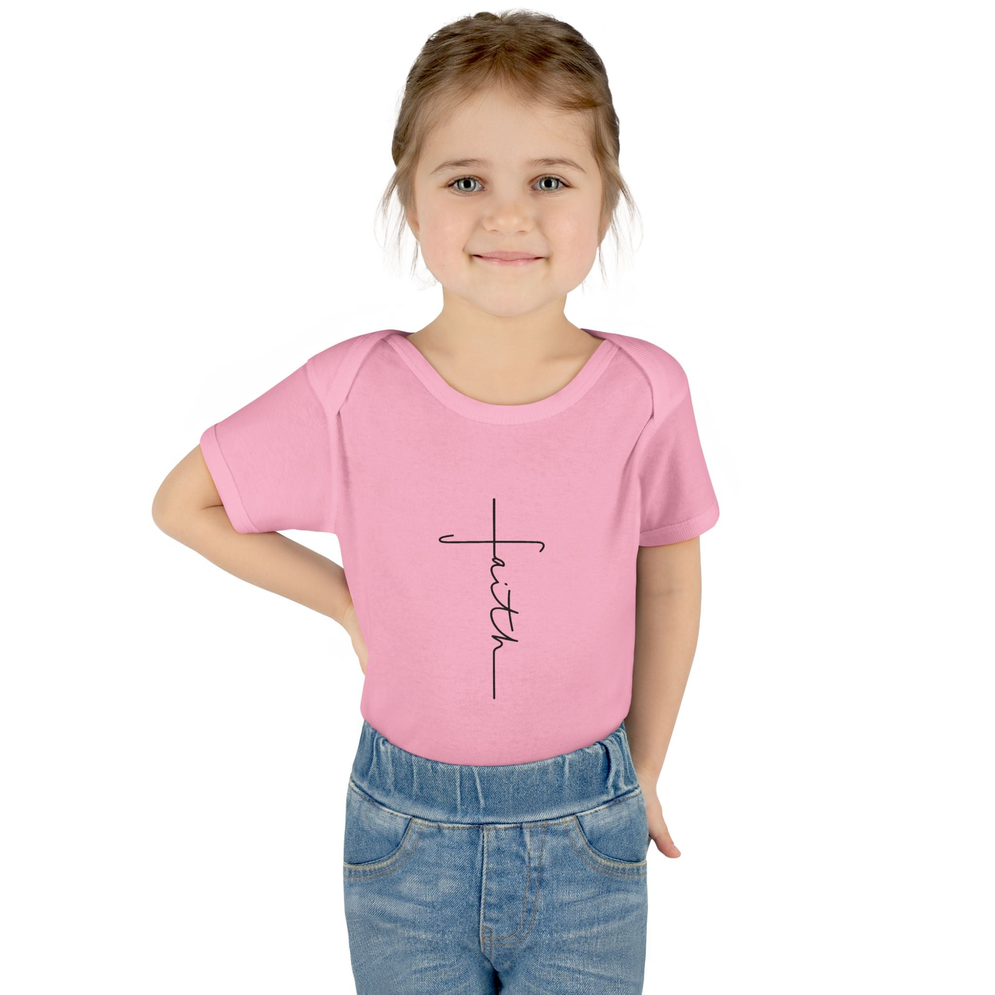 Faith Cross Infant Bodysuit — Baby Onesie with Vertical "faith" Script