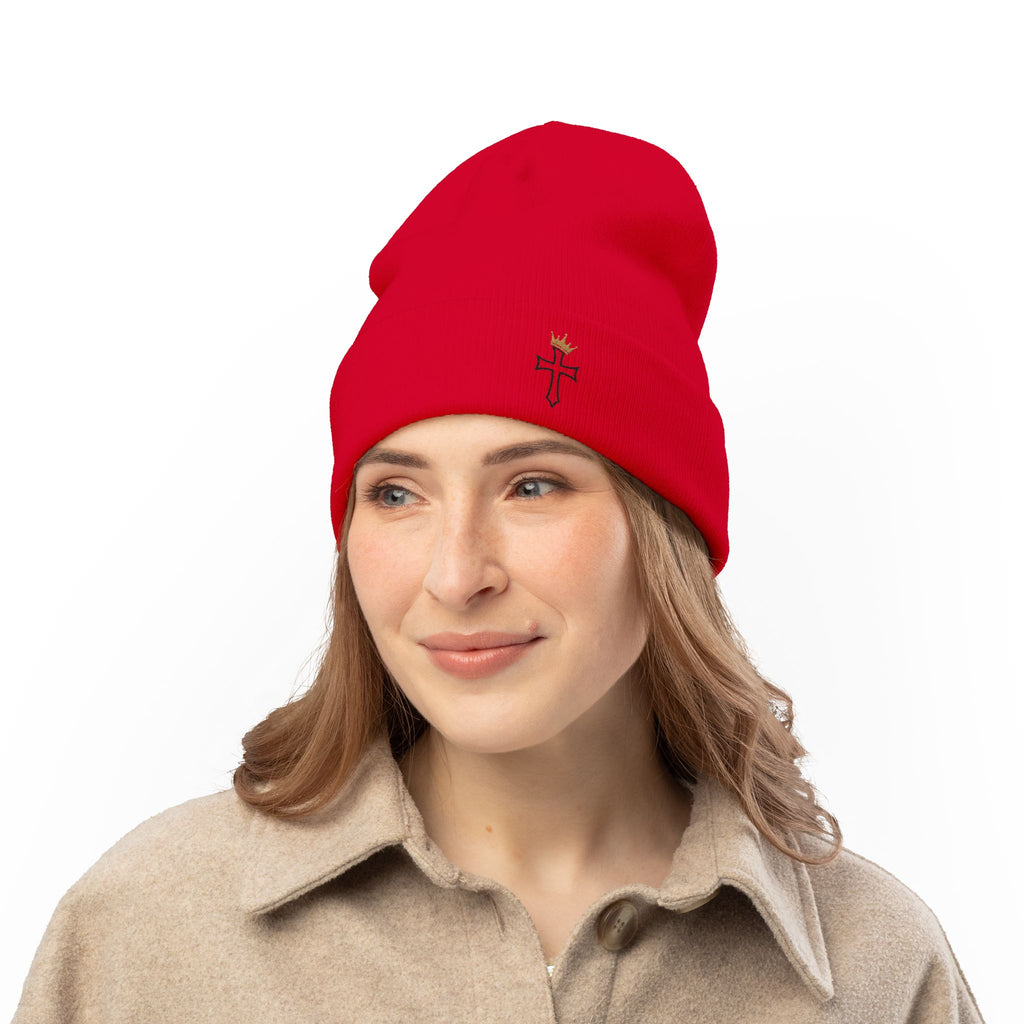 Embroidered Cross Knit Beanie