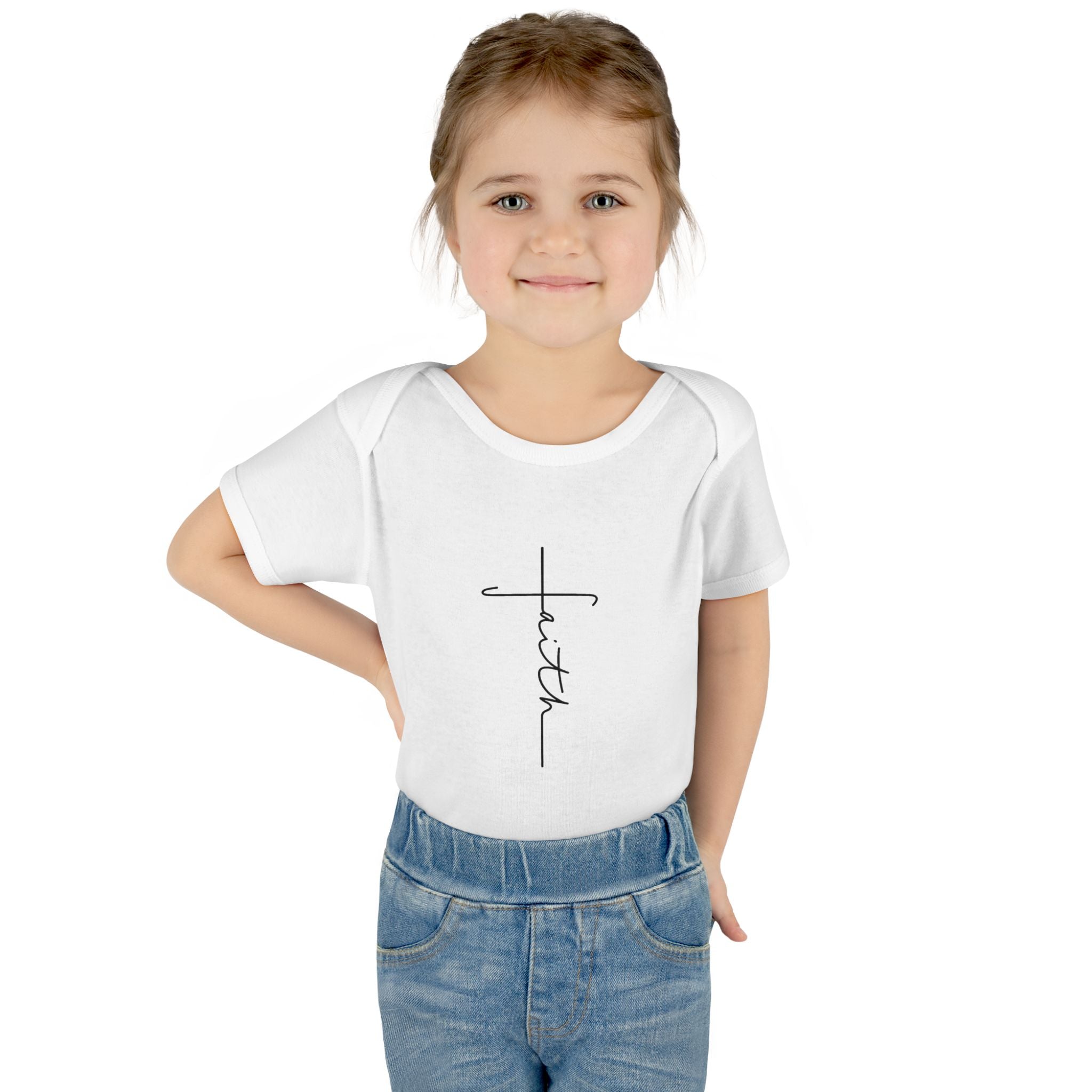 Faith Cross Infant Bodysuit — Baby Onesie with Vertical "faith" Script