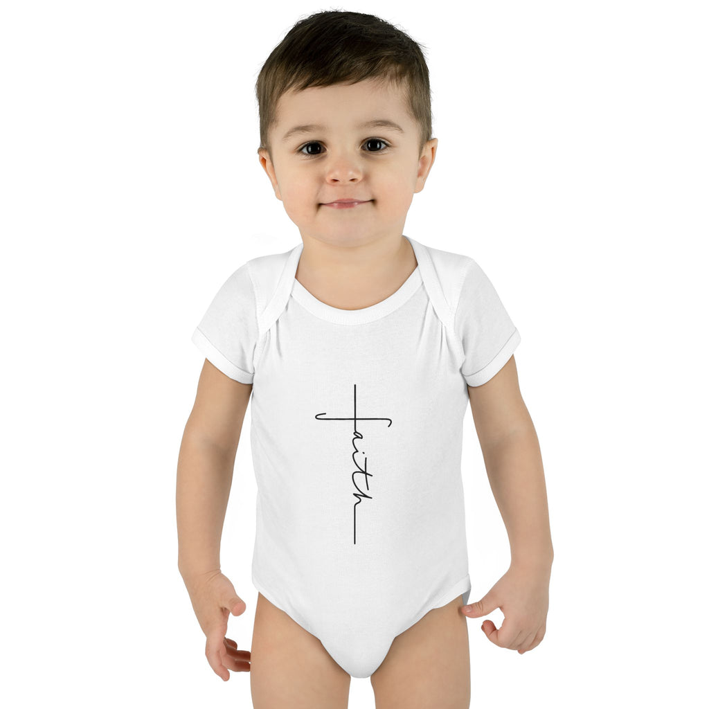 Faith Cross Infant Bodysuit — Baby Onesie with Vertical "faith" Script