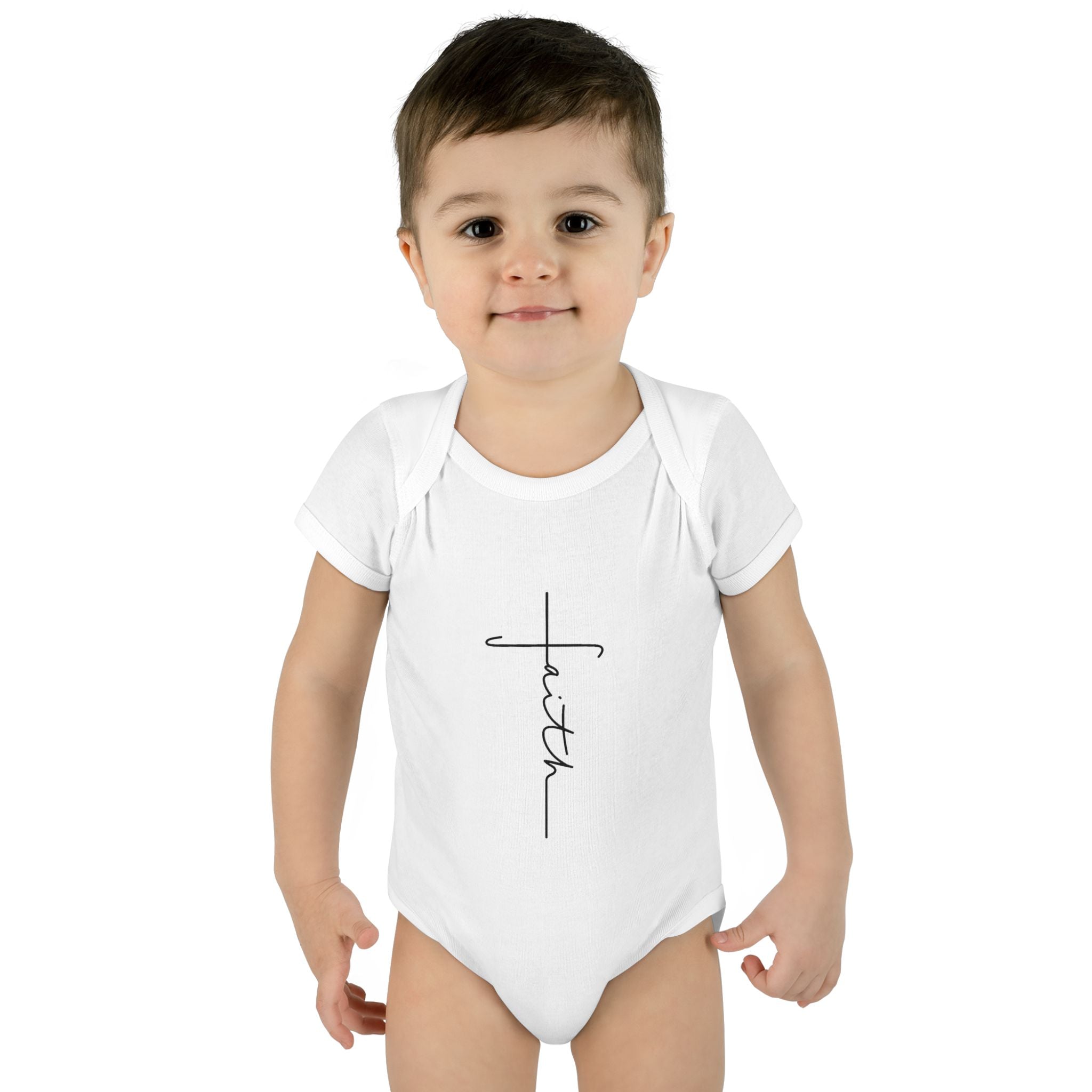 Faith Cross Infant Bodysuit — Baby Onesie with Vertical "faith" Script