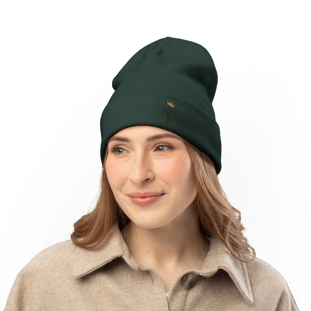 Embroidered Cross Knit Beanie