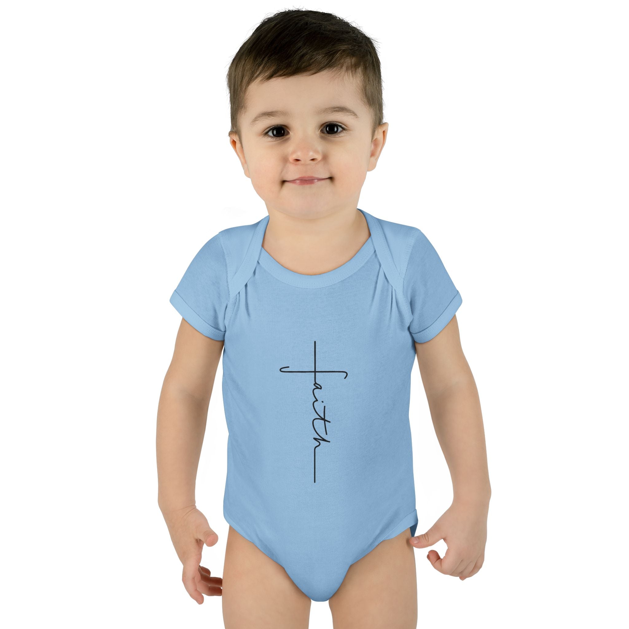 Faith Cross Infant Bodysuit — Baby Onesie with Vertical "faith" Script