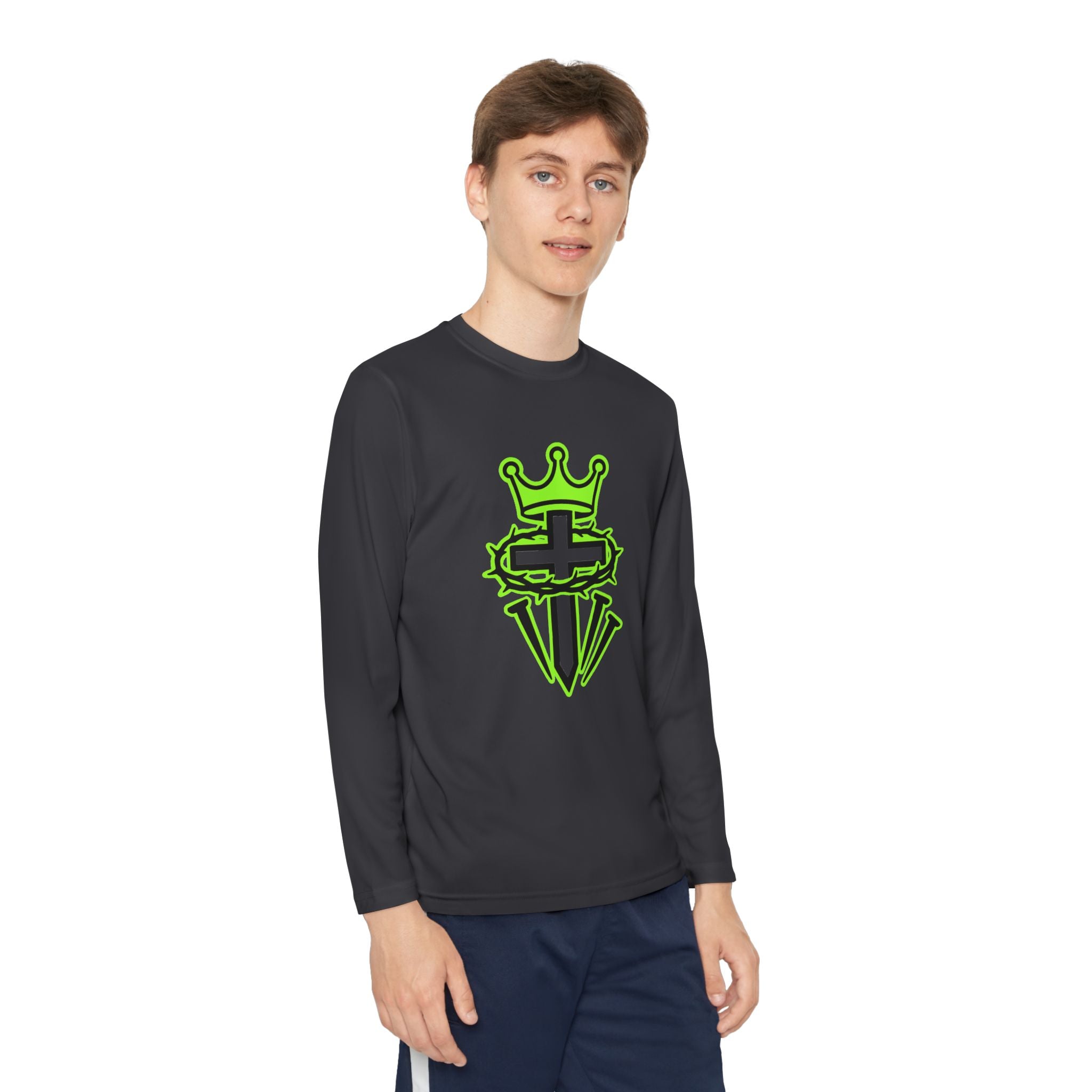 Youth Long Sleeve Tee — Neon Green Crown & Cross Sport Shirt
