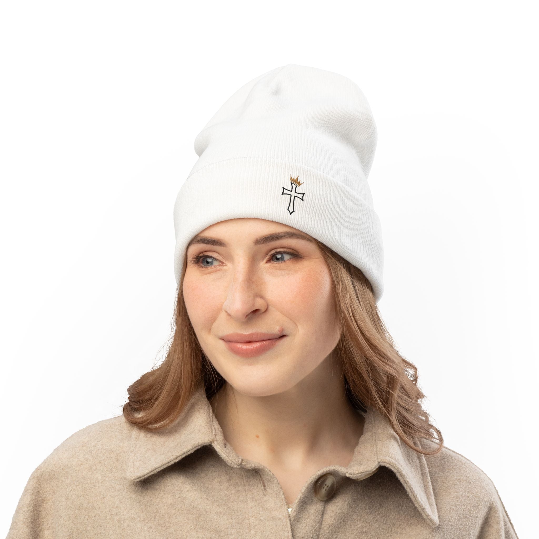 Embroidered Cross Knit Beanie