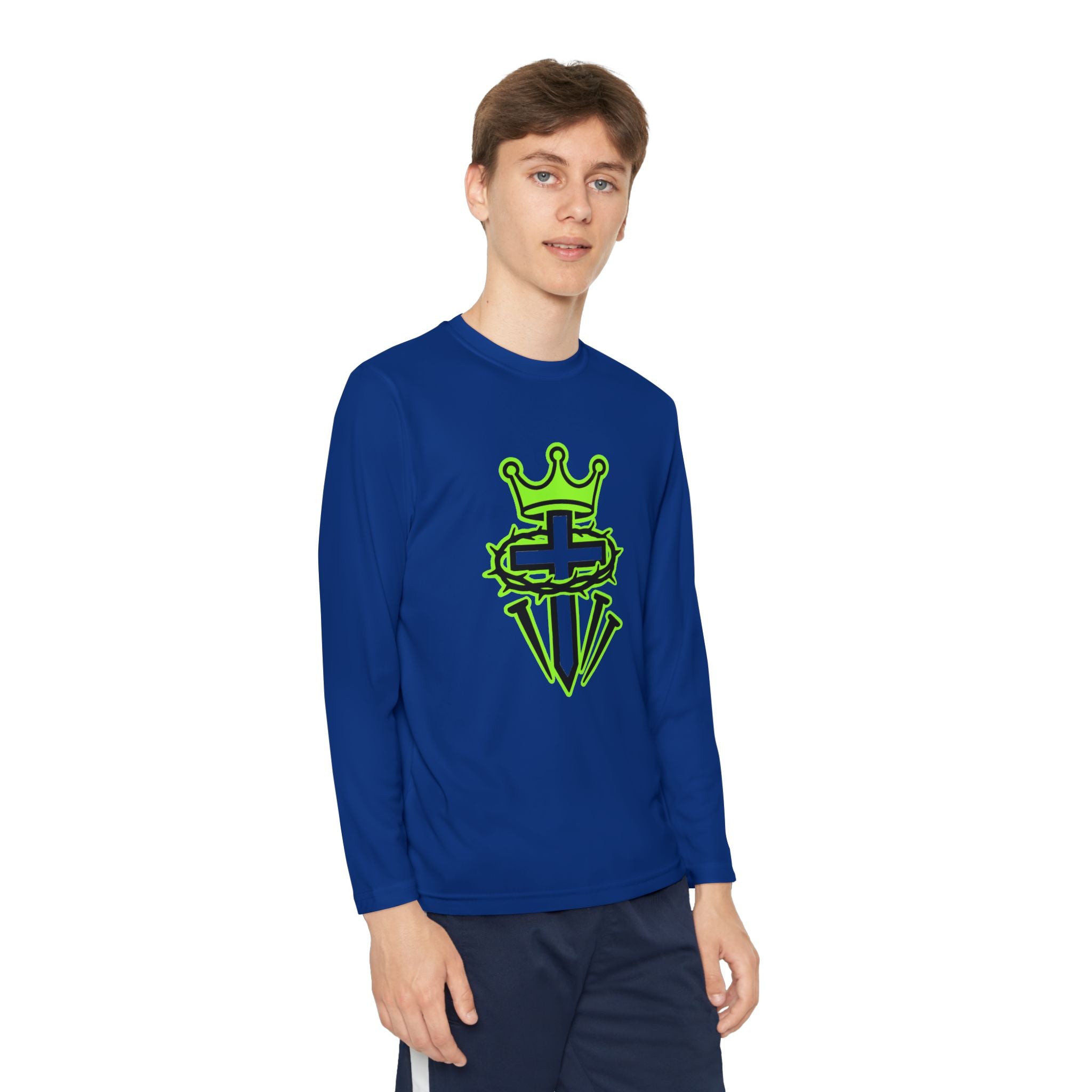 Youth Long Sleeve Tee — Neon Green Crown & Cross Sport Shirt