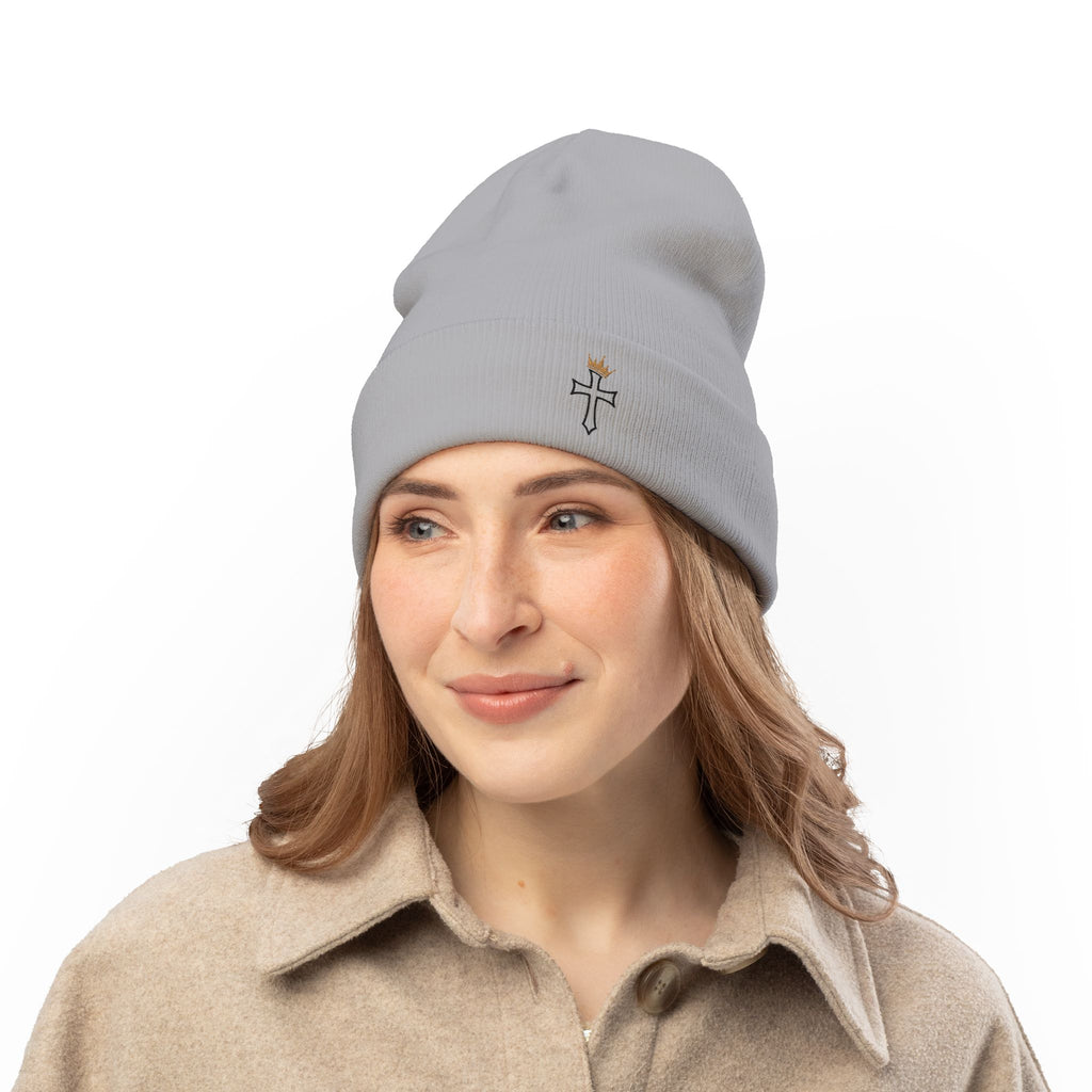 Embroidered Cross Knit Beanie